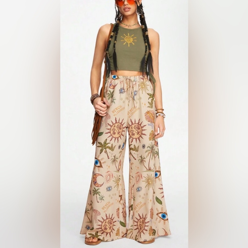 New Boho Moon Stars Sunflower Evil Eye Printed Flared Pants